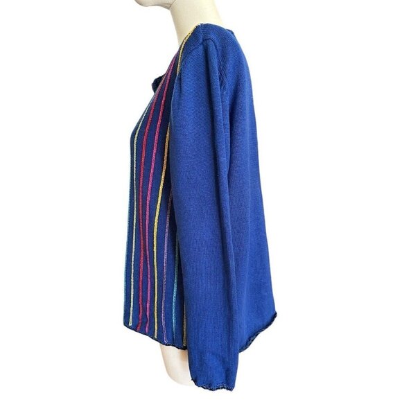 Bedford Fair Lifestyles Blue Striped Colorful Button Up Cardigan Women's Sz L - Picture 3 of 11